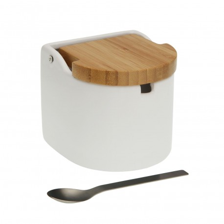 WHITE SUGAR BOWL BAMBOO LID