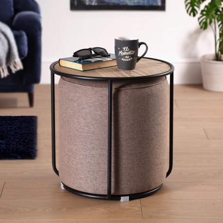 BROWN POUFFE AND TABLE