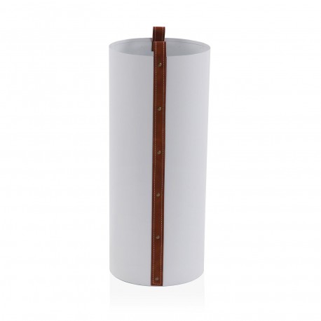 WHITE UMBRELLA STAND WITH BROWN LEATHER DETAIL