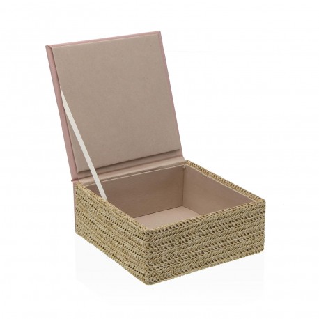 PINK LID SQUARE RAFFIA JEWELLERY BOX