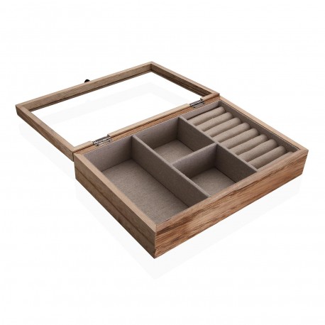 WOODEN JEWELLERY BOX WITH GLASS LID AND 2 DRAWERS