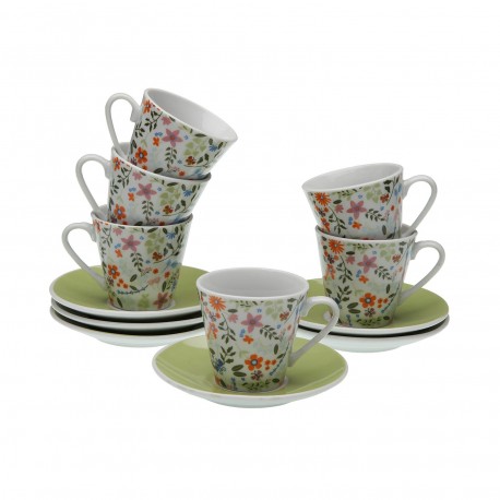 6 COFFEE CUPS SET W/ PLATE FLOWERS