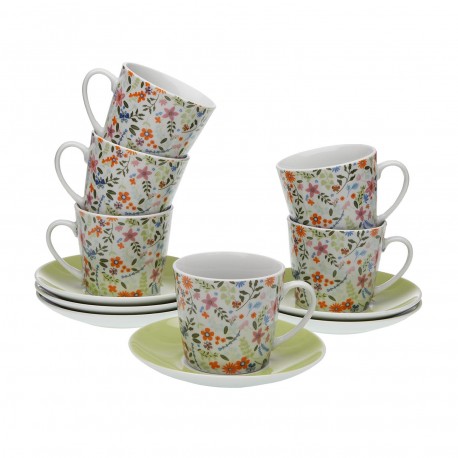 6 TEA CUPS SET W/ PLATE FLOWERS
