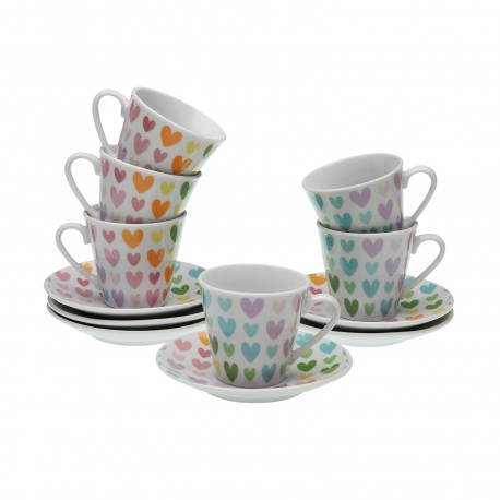 6 COFFEE CUPS SET W/ PLATE COLOUR HEARTS