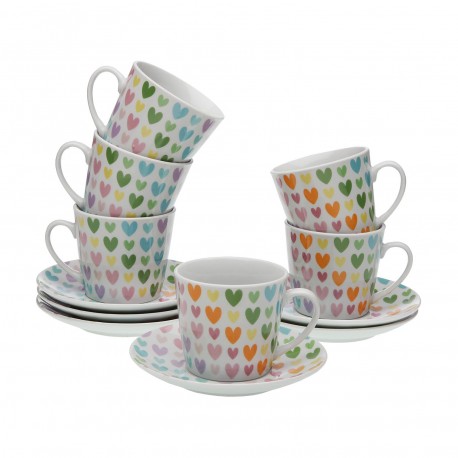 6 TEA CUPS SET W/ PLATE COLOUR HEARTS