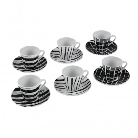 6 COFFEE CUPS SET W/ PLATE BLACK STRIPES