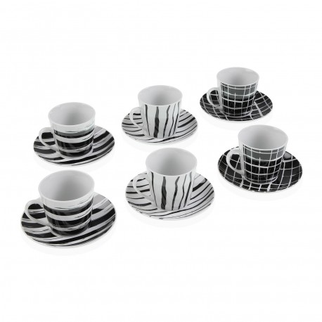 6 TEA CUPS SET W/ PLATE BLACK STRIPES
