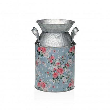 BLUE METAL VASE WITH FLOWERS