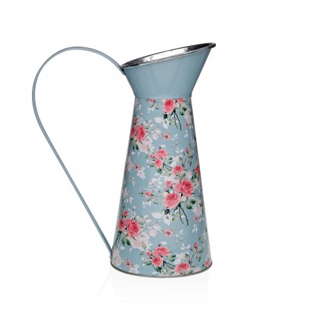 BLUE METAL JAR WITH FLOWERS