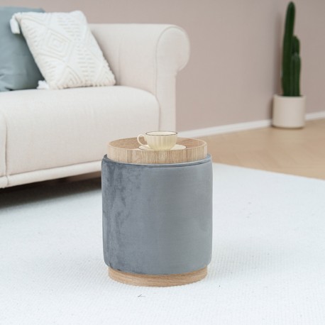GREY VELVET PUFF WITH STORAGE AND TRAY