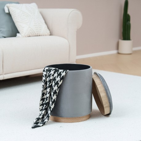 GREY VELVET PUFF WITH STORAGE AND TRAY