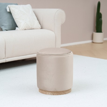 BEIGE VELVET PUFF WITH STORAGE AND TRAY