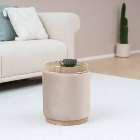 BEIGE VELVET PUFF WITH STORAGE AND TRAY
