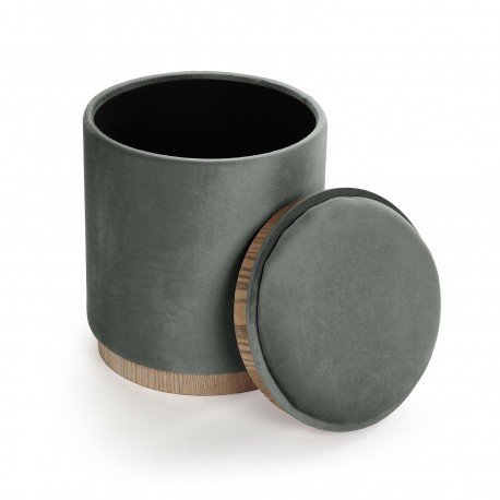 GREY VELVET PUFF WITH STORAGE AND TRAY
