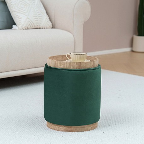 GREEN VELVET PUFF WITH STORAGE AND TRAY