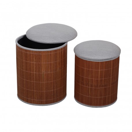 SET OF 2 GREY BAMBOO STORAGE POUFFES