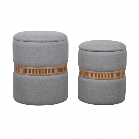 SET OF 2 GREY BAMBOO RING STORAGE POUFFES
