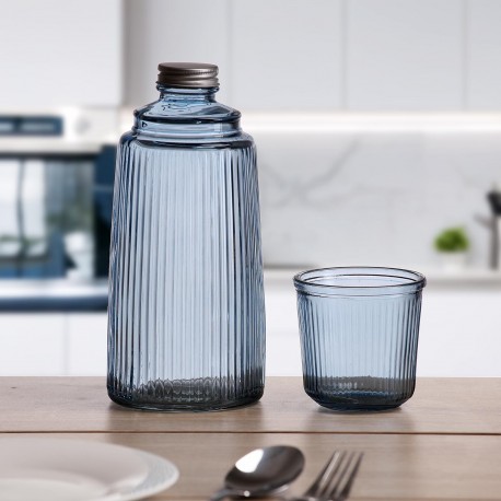 BLUE GLASS BOTTLE WITH CUP