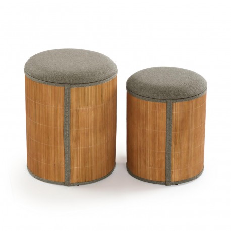 SET OF 2 GREY BAMBOO STORAGE POUFFES