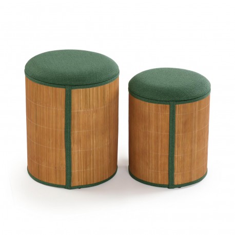SET OF 2 GREEN BAMBOO STORAGE POUFFES