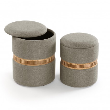 SET OF 2 GREY BAMBOO RING STORAGE POUFFES