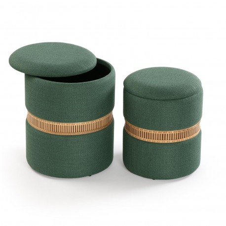 SET OF 2 GREEN BAMBOO RING STORAGE POUFFES