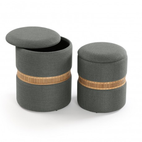 SET OF 2 DARK GREY BAMBOO RING STORAGE POUFFES