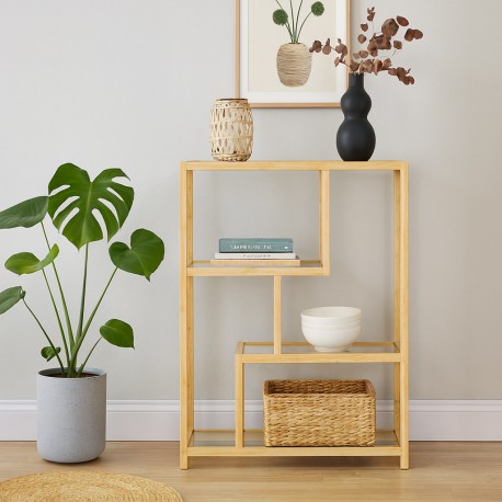 4-SHELF BAMBOO GLASS BOOKCASE