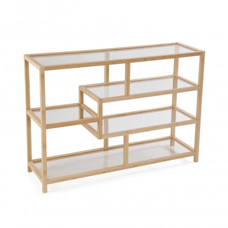 LOW 4-SHELF BAMBOO GLASS BOOKCASE