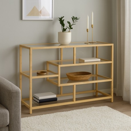 LOW 4-SHELF BAMBOO GLASS BOOKCASE