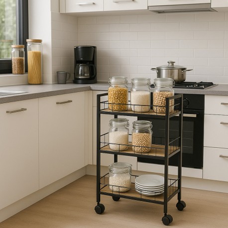 BLACK 3-BASKET TROLLEY WITH WHEELS BLACK 3-BASKET TROLLEY WITH WHEELS