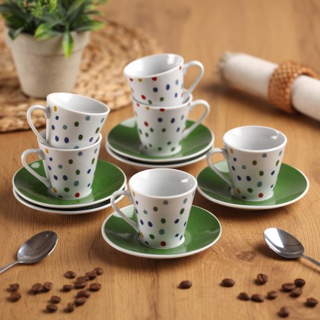6 COFFEE CUPS SET W/ PLATE DOTTY
