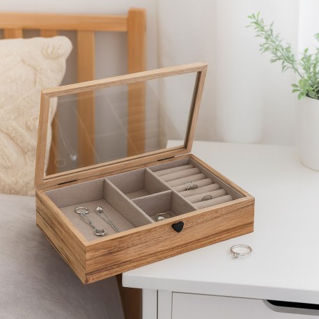 WOODEN JEWELLERY BOX 5 COMPARTMENTS GLASS LID