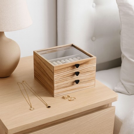 WOODEN JEWELLERY BOX WITH GLASS LID AND 2 DRAWERS