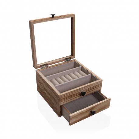 WOODEN JEWELLERY BOX WITH GLASS LID AND 2 DRAWERS