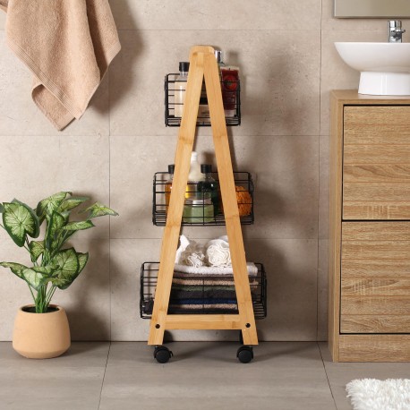 BAMBOO SHELF WITH 3 BLACK BASKETS