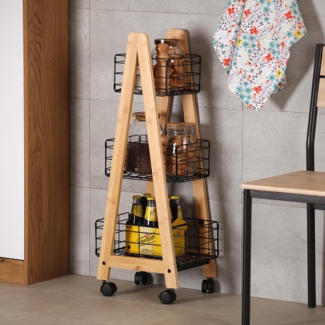 BAMBOO SHELF WITH 3 BLACK BASKETS