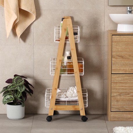 BAMBOO SHELF WITH 3 WHITE BASKETS