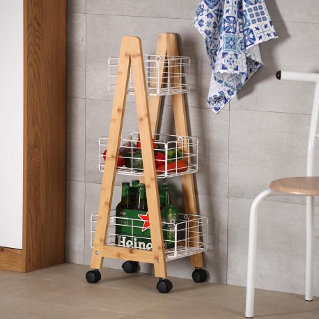 BAMBOO SHELF WITH 3 WHITE BASKETS