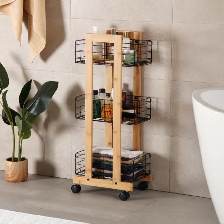 RECTANGULAR BAMBOO SHELF WITH 3 BLACK BASKETS