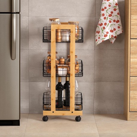 RECTANGULAR BAMBOO SHELF WITH 3 BLACK BASKETS