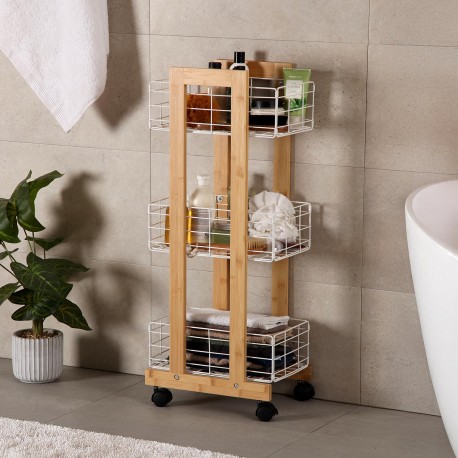 RECTANGULAR BAMBOO SHELF WITH 3 WHITE BASKETS