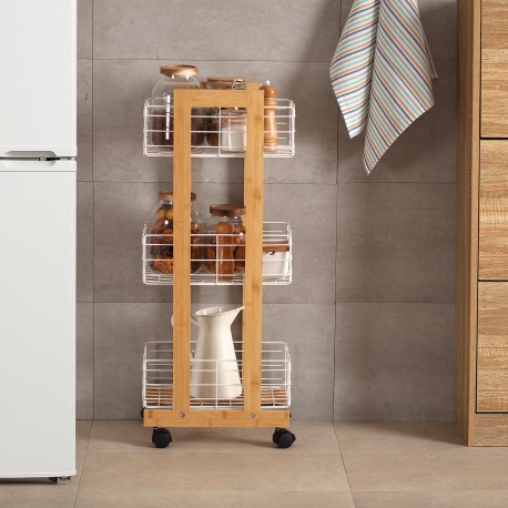 RECTANGULAR BAMBOO SHELF WITH 3 WHITE BASKETS