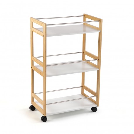 WHITE BAMBOO 3-SHELF TROLLEY WITH WHEELS