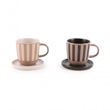SET OF 6 BROWN STRIPED COFFEE CUPS WITH SAUCERS