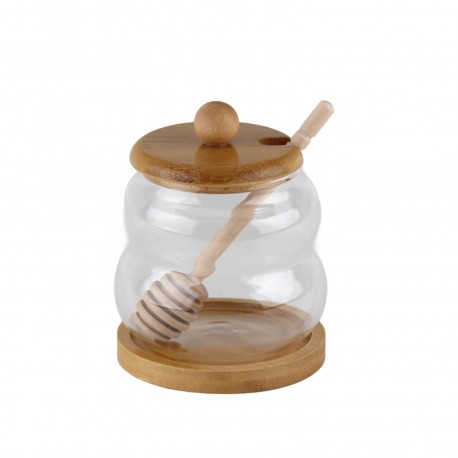GLASS AND BAMBOO HONEY POT 300ML