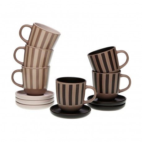 SET OF 6 BROWN STRIPED COFFEE CUPS WITH SAUCERS