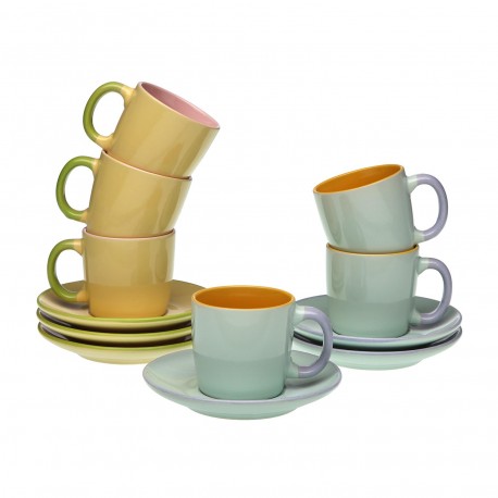 SET OF 6 PASTEL COFFEE CUPS WITH SAUCERS