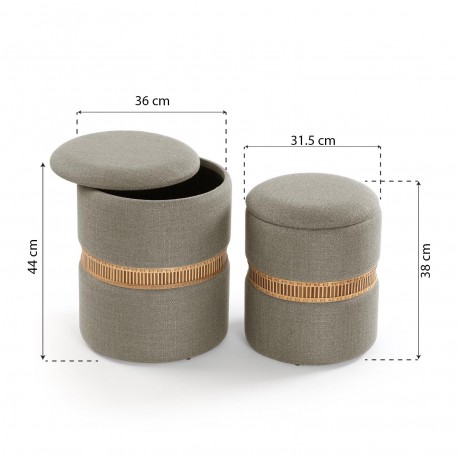 SET OF 2 GREY BAMBOO RING STORAGE POUFFES