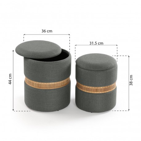 SET OF 2 DARK GREY BAMBOO RING STORAGE POUFFES